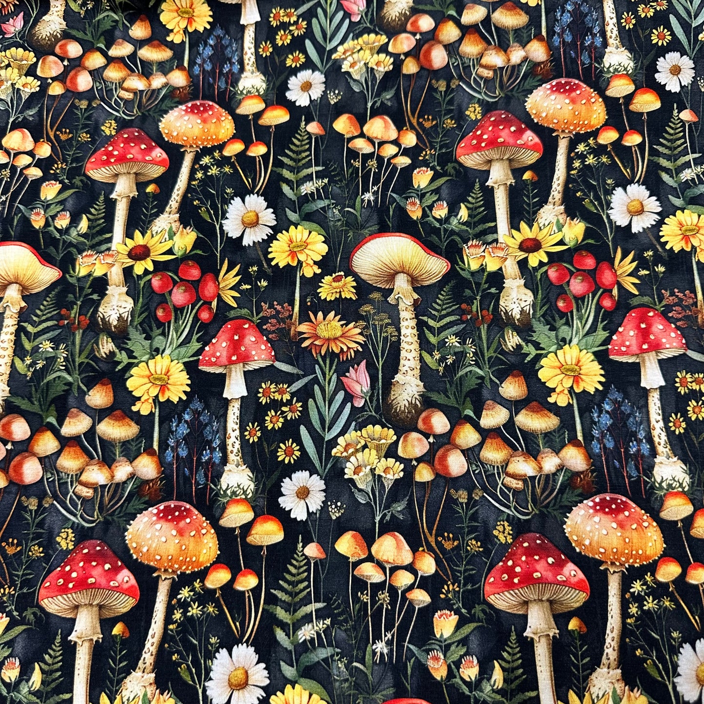 Toadstools and Daisies on Bamboo/Spandex Jersey Fabric - Nature's Fabrics