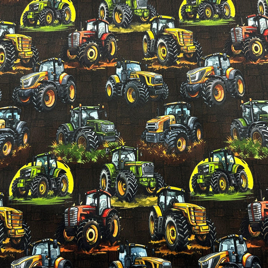 Nature's Fabrics organic cotton fabric with a repeating pattern of colorful farm tractors.