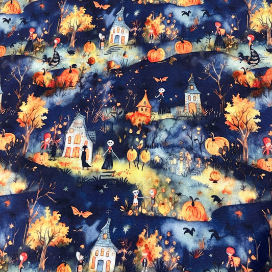 Nature's Fabrics halloween themed fabric with skeletons, pumpkins, and haunted houses.