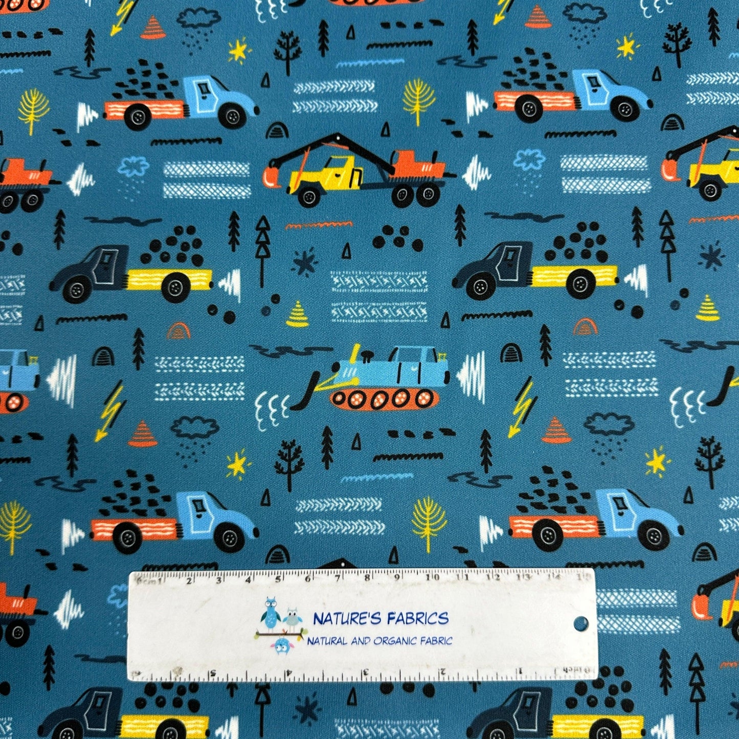 Trucks and Bulldozers on 1 mil PUL Fabric - Made in the USA - Nature's Fabrics