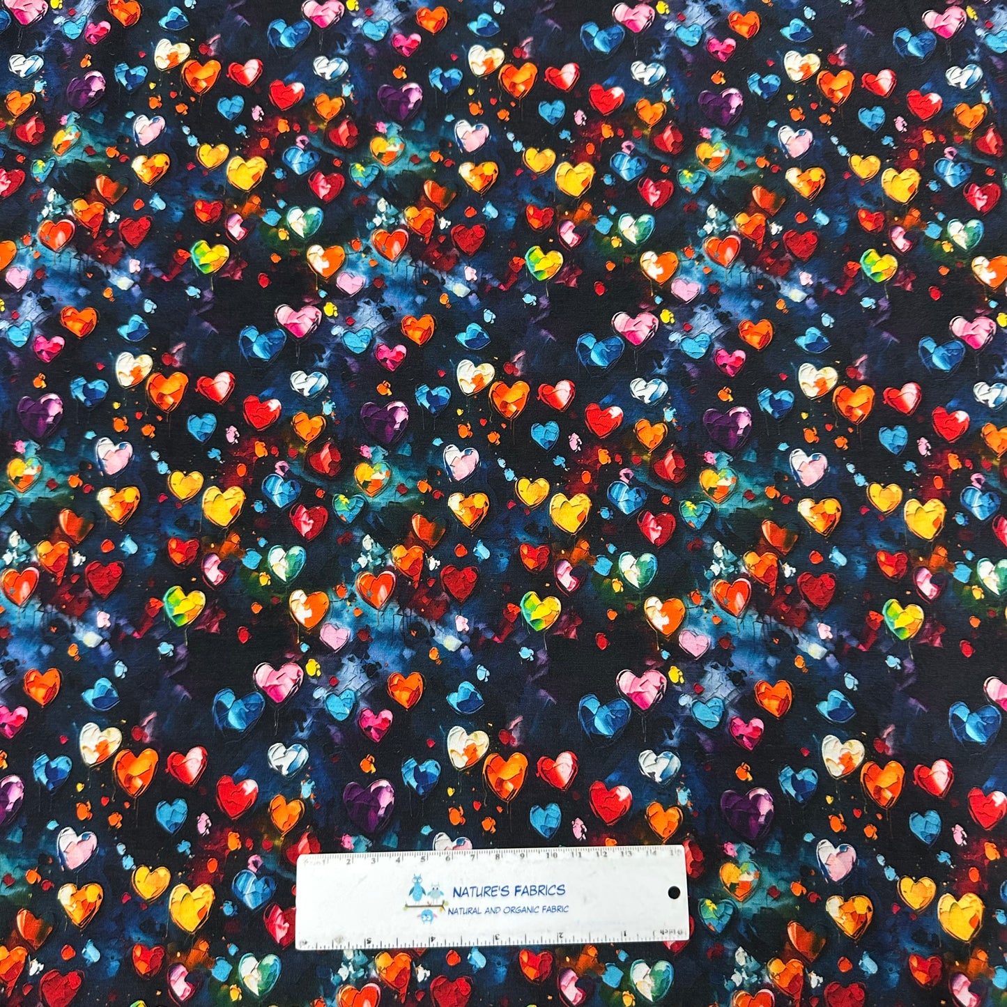 Vibrant Oil Painted Hearts on Bamboo/Spandex Jersey Fabric - Nature's Fabrics