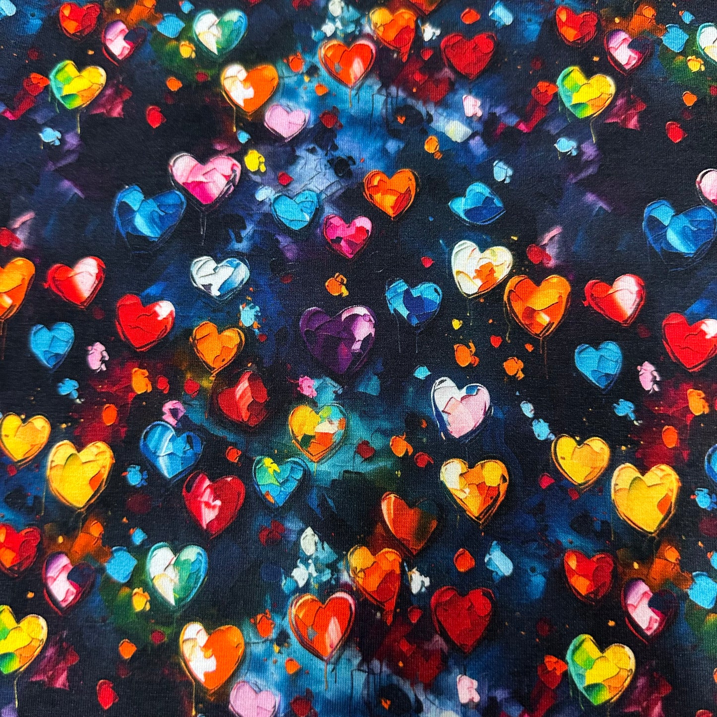 Vibrant Oil Painted Hearts on Bamboo/Spandex Jersey Fabric - Nature's Fabrics