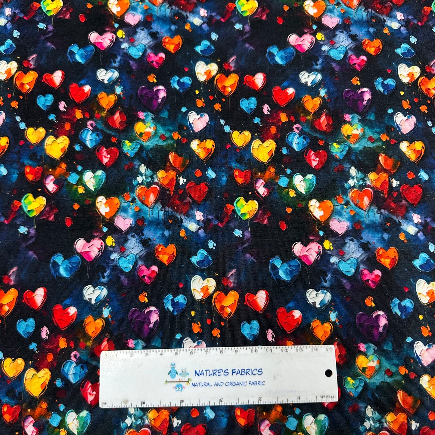 Vibrant Oil Painted Hearts on Bamboo/Spandex Jersey Fabric - Nature's Fabrics