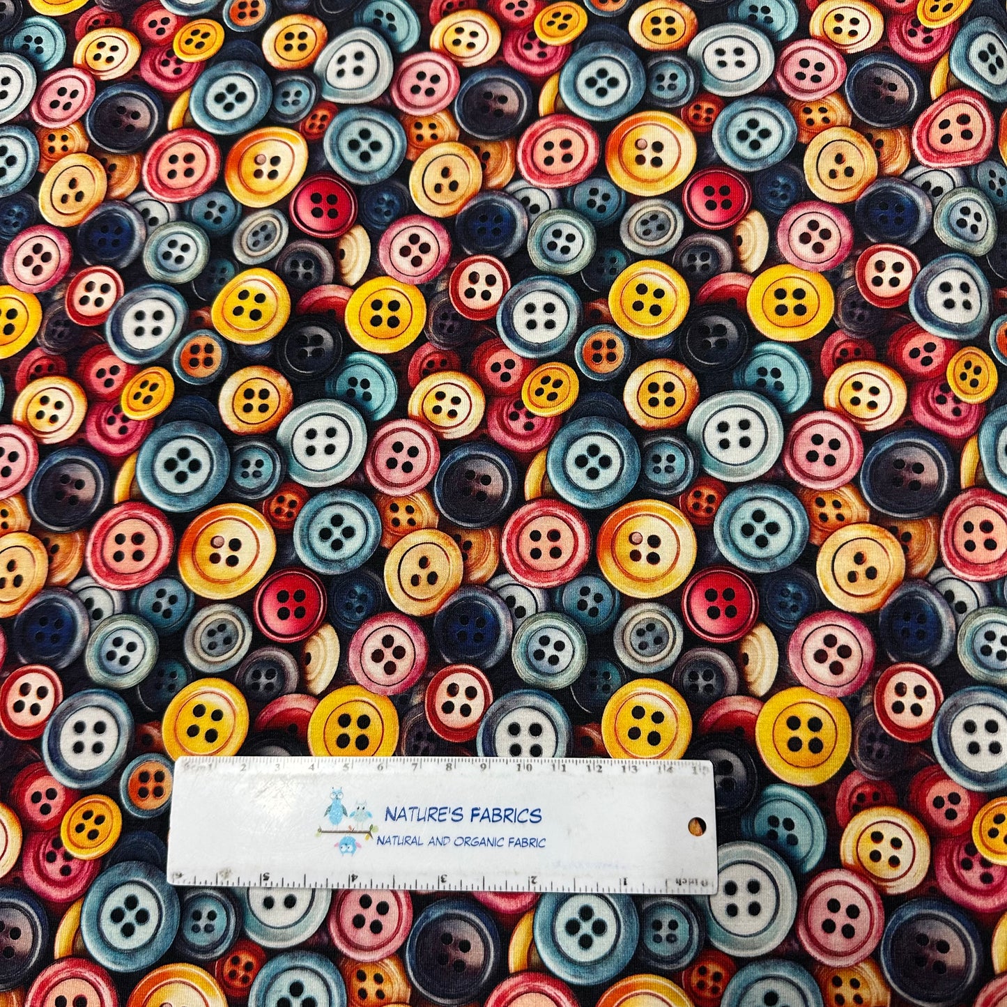 Vintage Buttons on Bamboo/Spandex Jersey Fabric - Nature's Fabrics