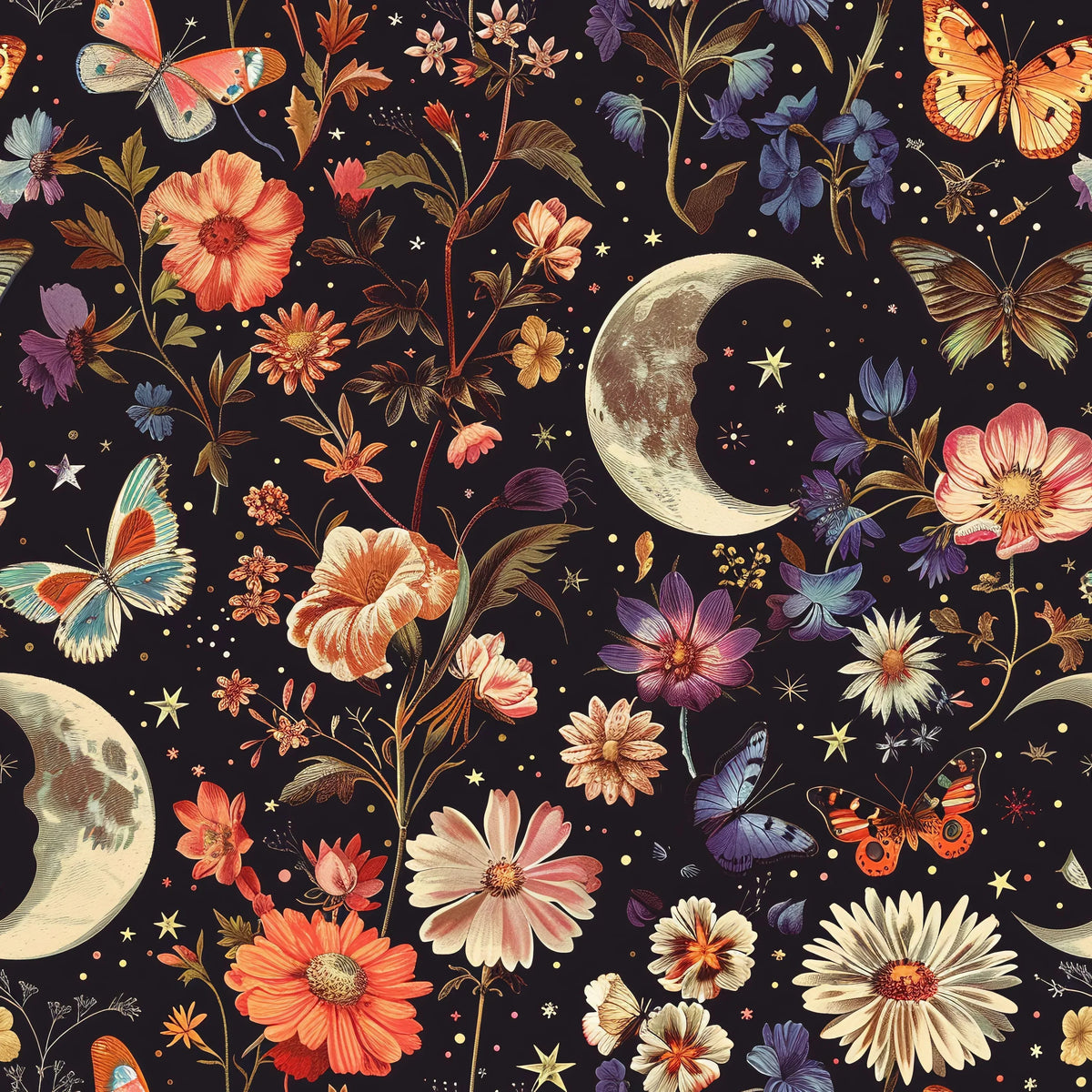 Nature's Fabrics vintage floral pattern with butterflies, moons, and blossoms on dark background