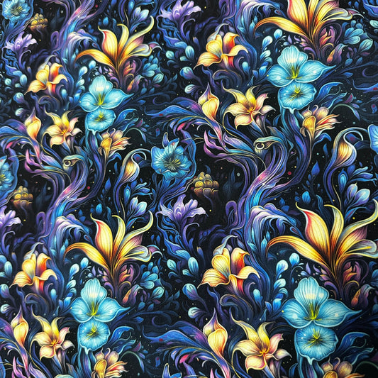 Nature's Fabrics premium textile featuring an abstract blue and gold floral pattern.