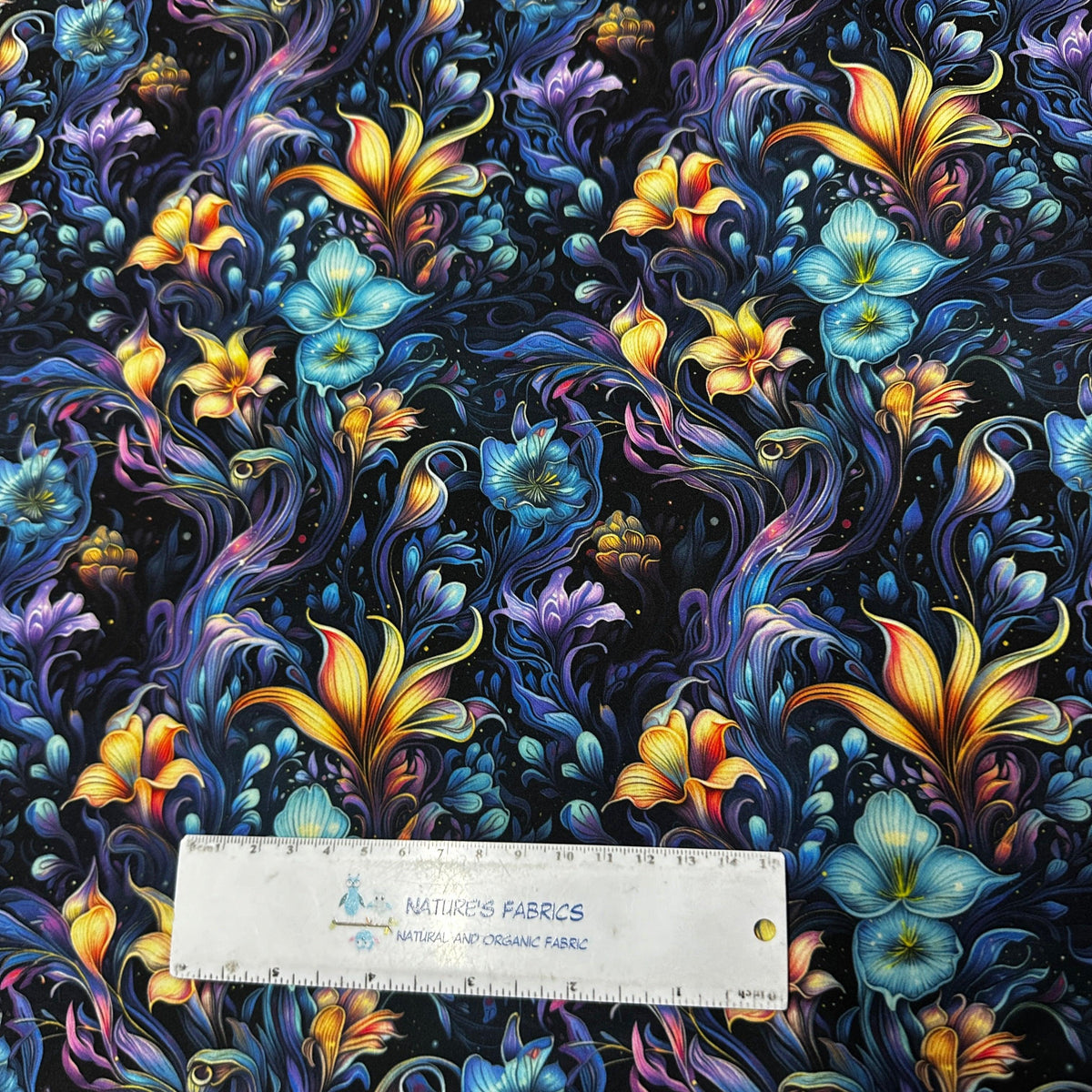 Vivid Floral Bioluminescence on Polyester/Spandex Jersey Fabric - Nature's Fabrics