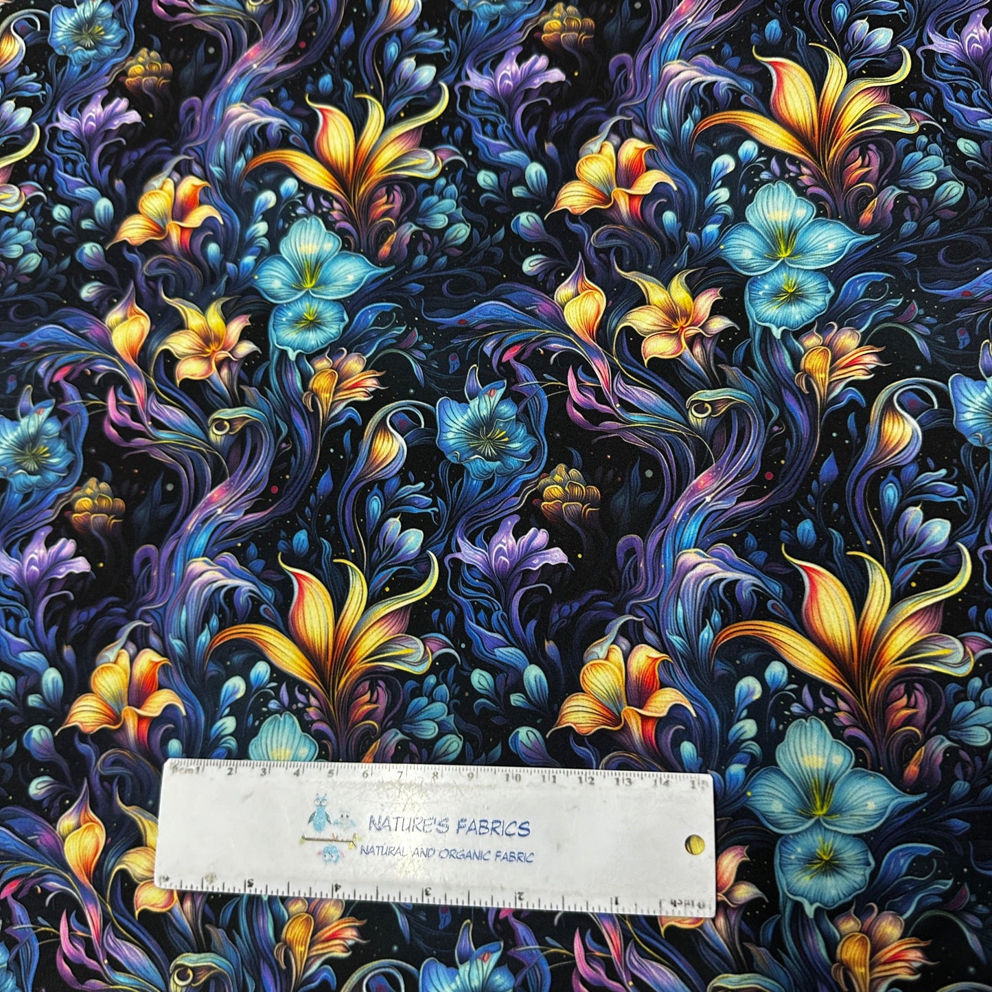 Vivid Floral Bioluminescence on Polyester/Spandex Tricot Fabric - Nature's Fabrics