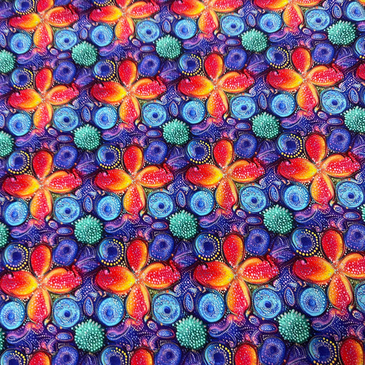 Nature's Fabrics colorful psychedelic floral pattern fabric with vibrant red and blue tones
