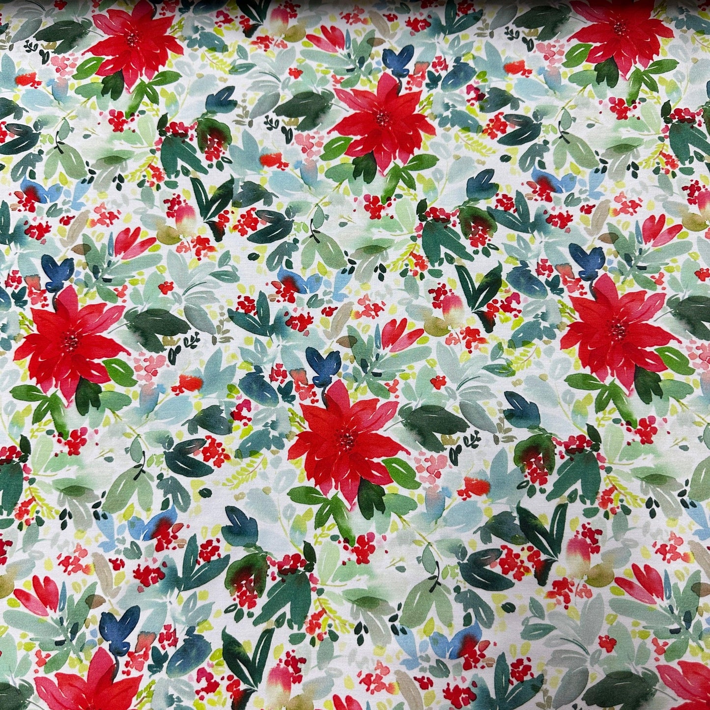 Watercolor Poinsettias on Bamboo Stretch French Terry Fabric - Nature's Fabrics