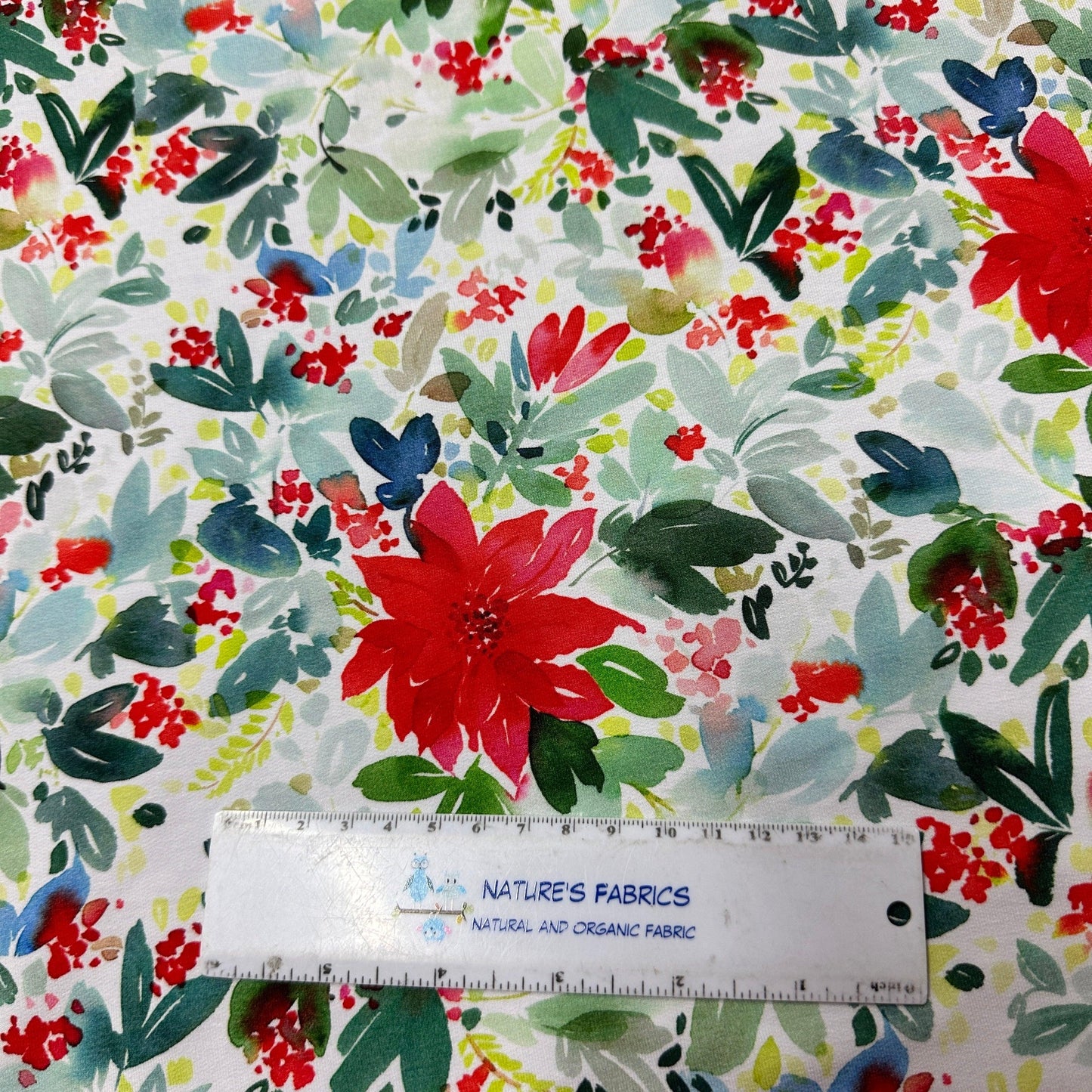 Watercolor Poinsettias on Bamboo Stretch French Terry Fabric - Nature's Fabrics