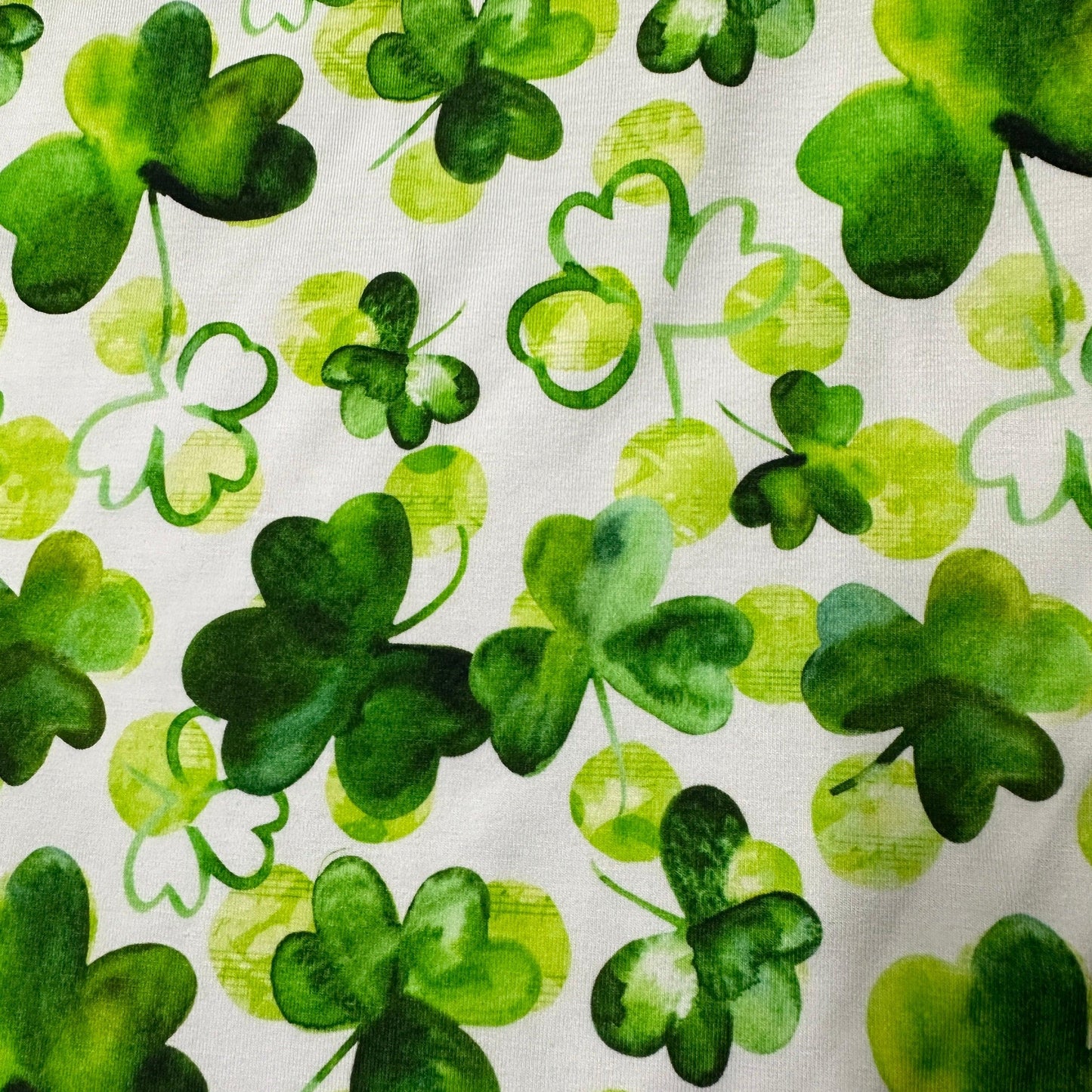 Watercolor Shamrocks on White Bamboo/Spandex Jersey Fabric - Nature's Fabrics
