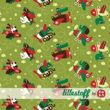 Lillestoff green fabric with cute animals flying red planes pattern