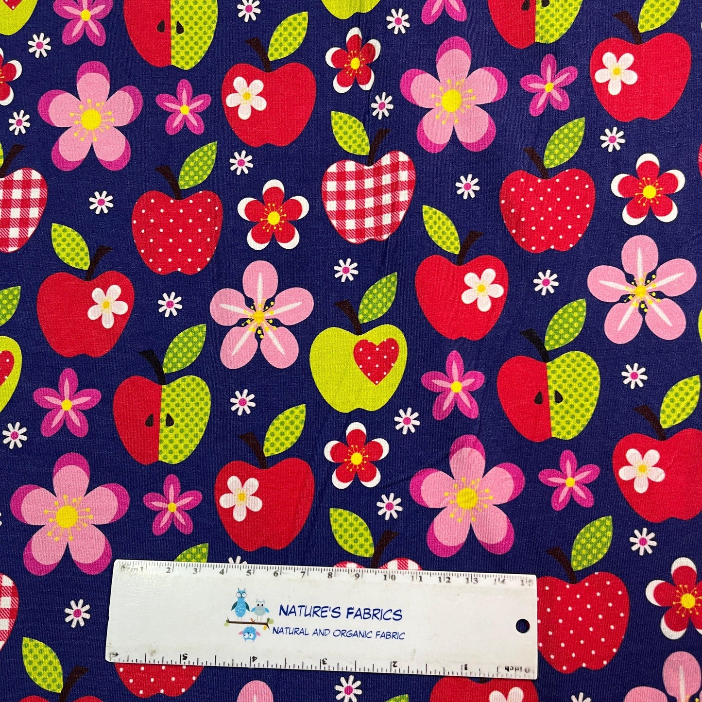 Apple Toss on Bamboo/Spandex Jersey Fabric - Nature's Fabrics