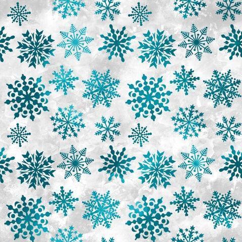 Nature's Fabrics teal and blue snowflake pattern on a white marbled background.