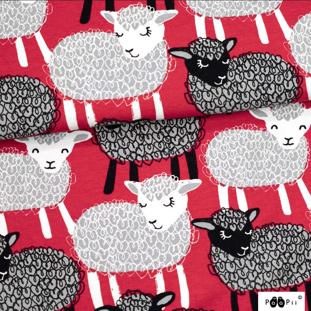 Baa on Red Organic Cotton/Spandex Jersey Fabric - Nature's Fabrics