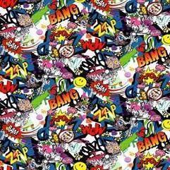 Nature's Fabrics colorful graffiti pattern fabric with comic book style pop art explosions.