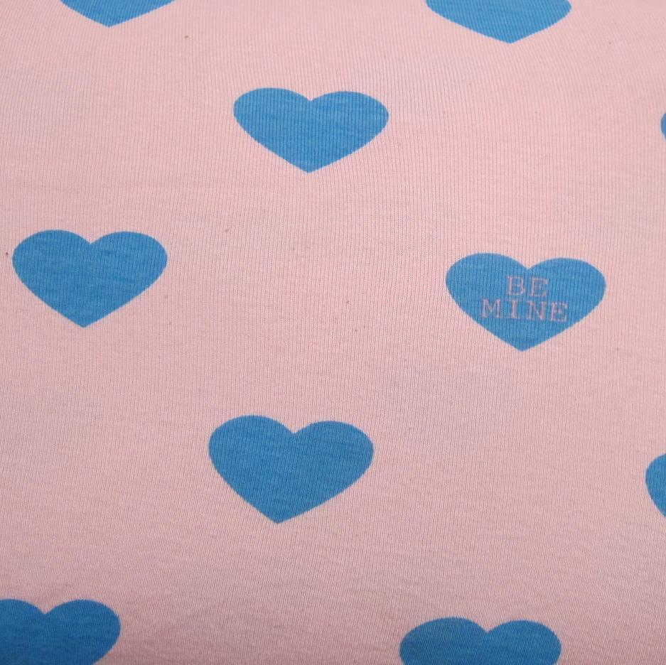 Be Mine Hearts on Pink Cotton Rib Fabric - Nature's Fabrics