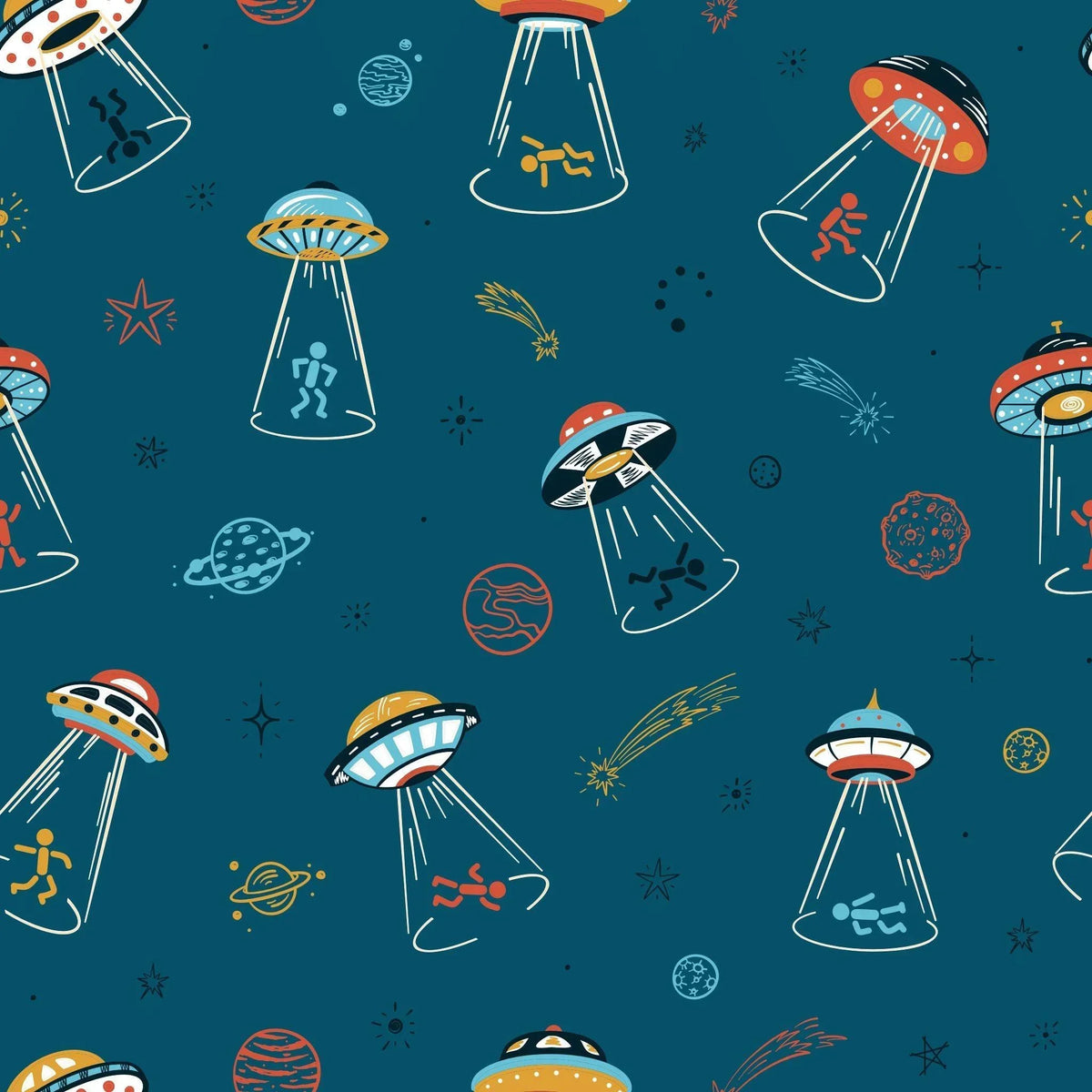 Nature's Fabrics blue seamless pattern with UFOs abducting people, planets and stars.