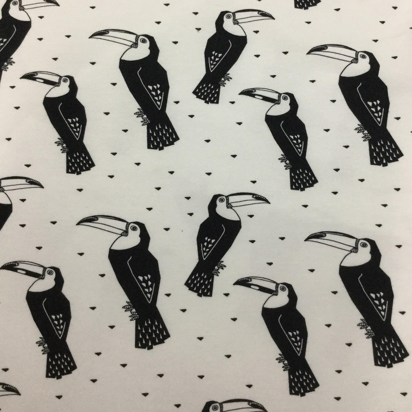 Black Toucans on White Organic Cotton/Spandex Jersey Fabric - Nature's Fabrics