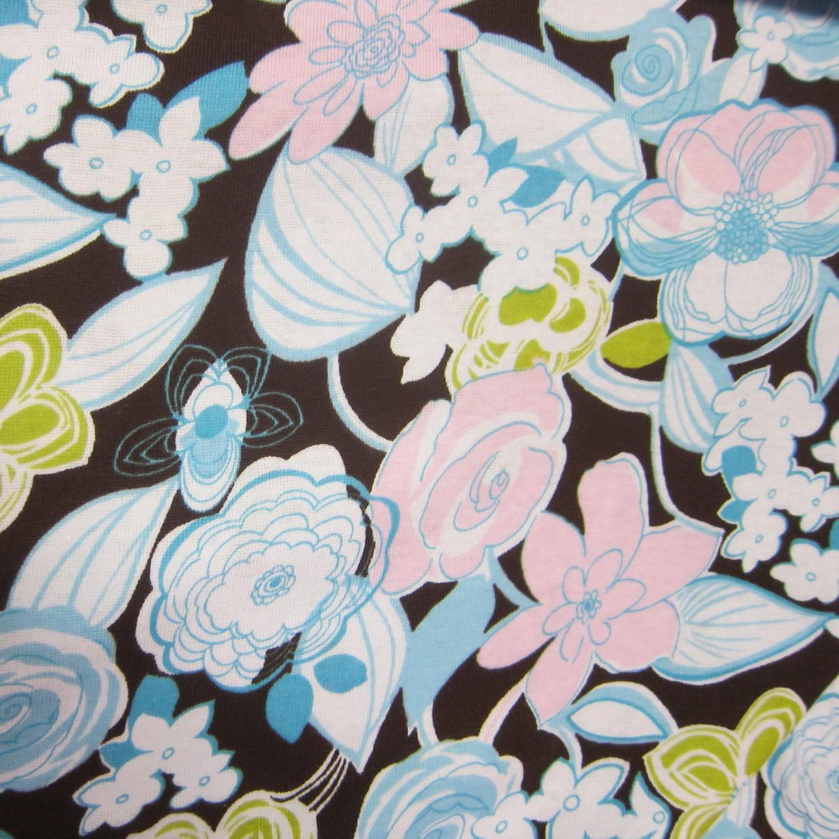 Blue and Pink Flowers on Brown Cotton Rib Knit