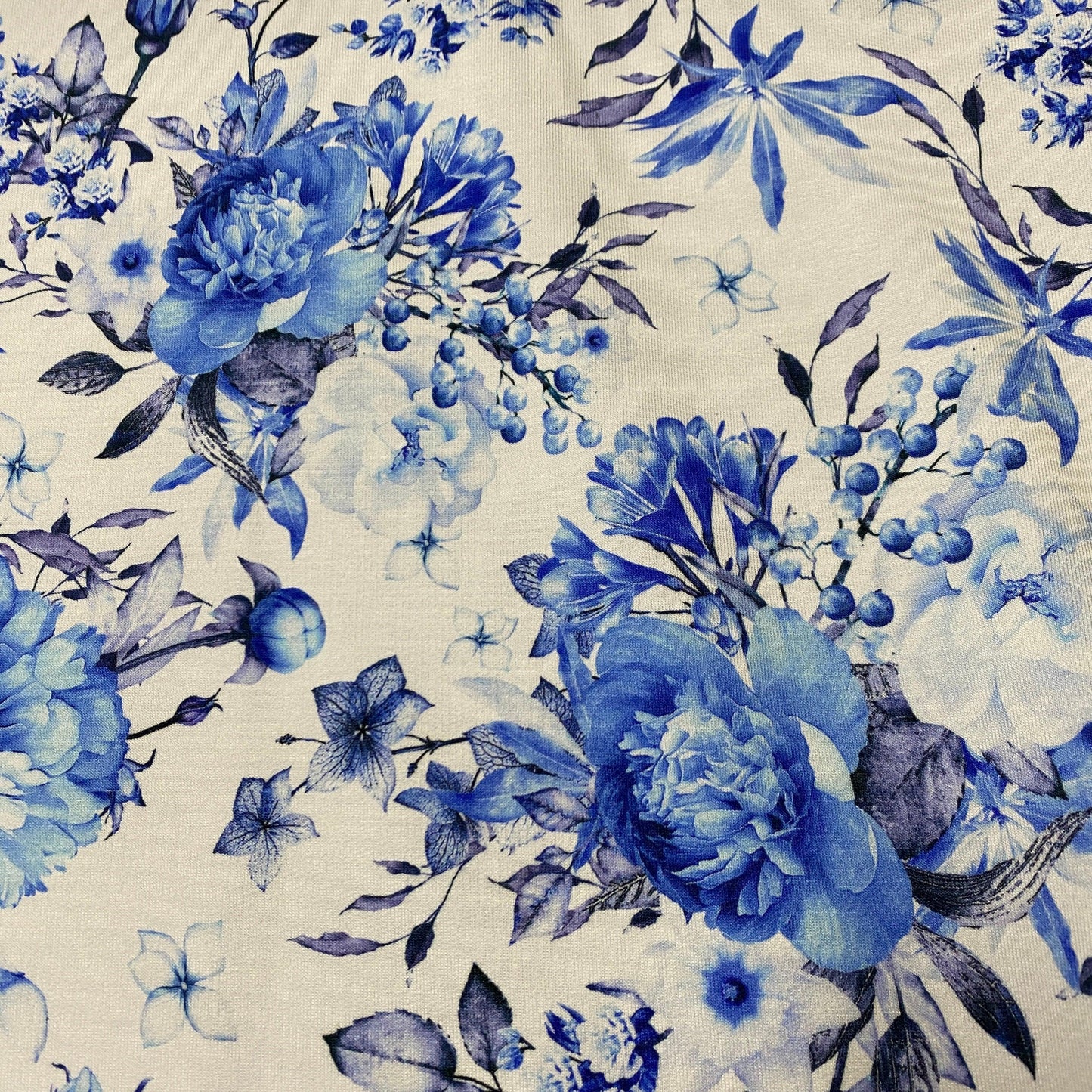 Blue Roses on White Bamboo Stretch French Terry Fabric - Nature's Fabrics