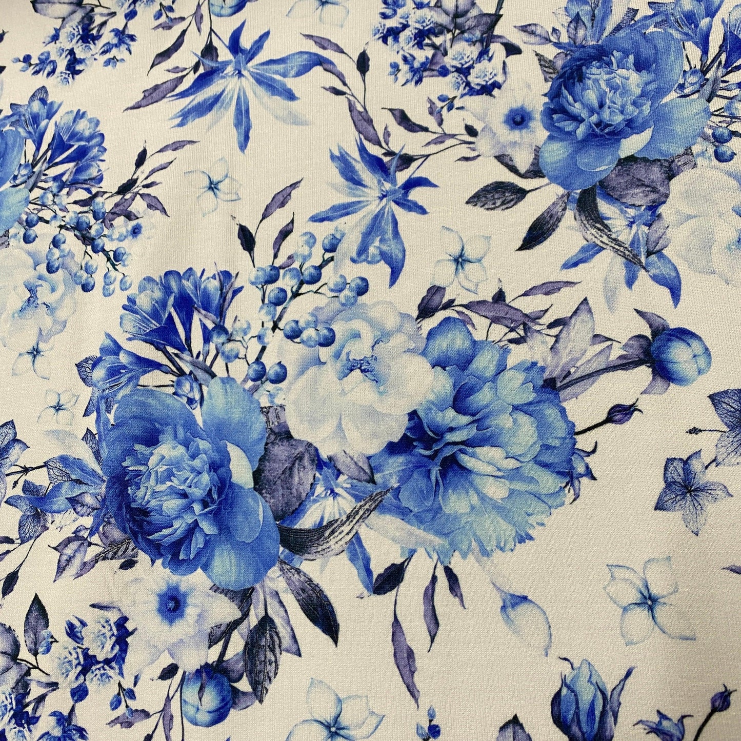 Blue Roses on White Bamboo Stretch French Terry Fabric - Nature's Fabrics