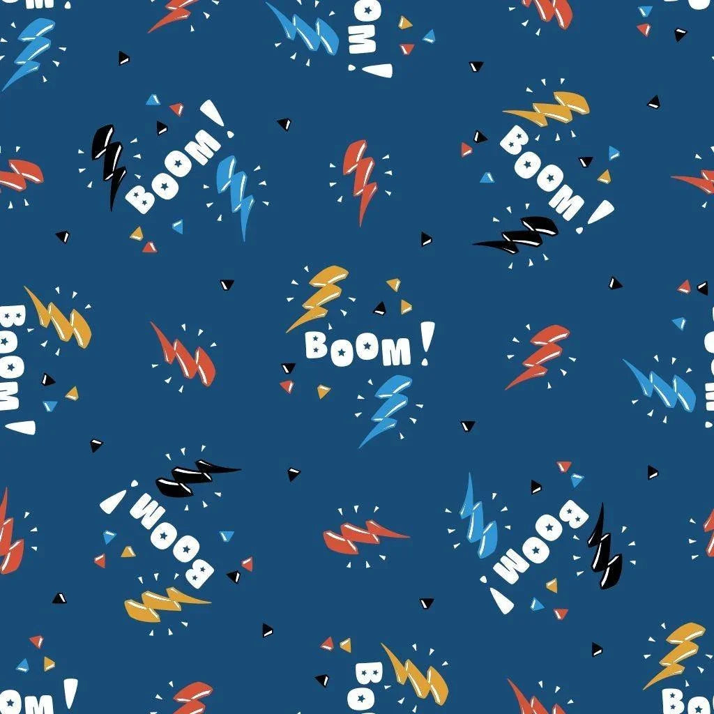 Nature's Fabrics blue fabric with comic style BOOM text and lightning bolt patterns