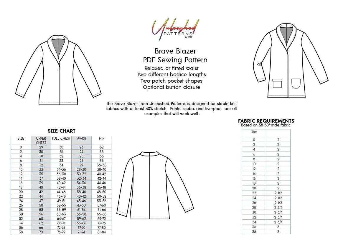 Unleashed Patterns Brave Blazer PDF sewing pattern with size chart and fabric requirements.