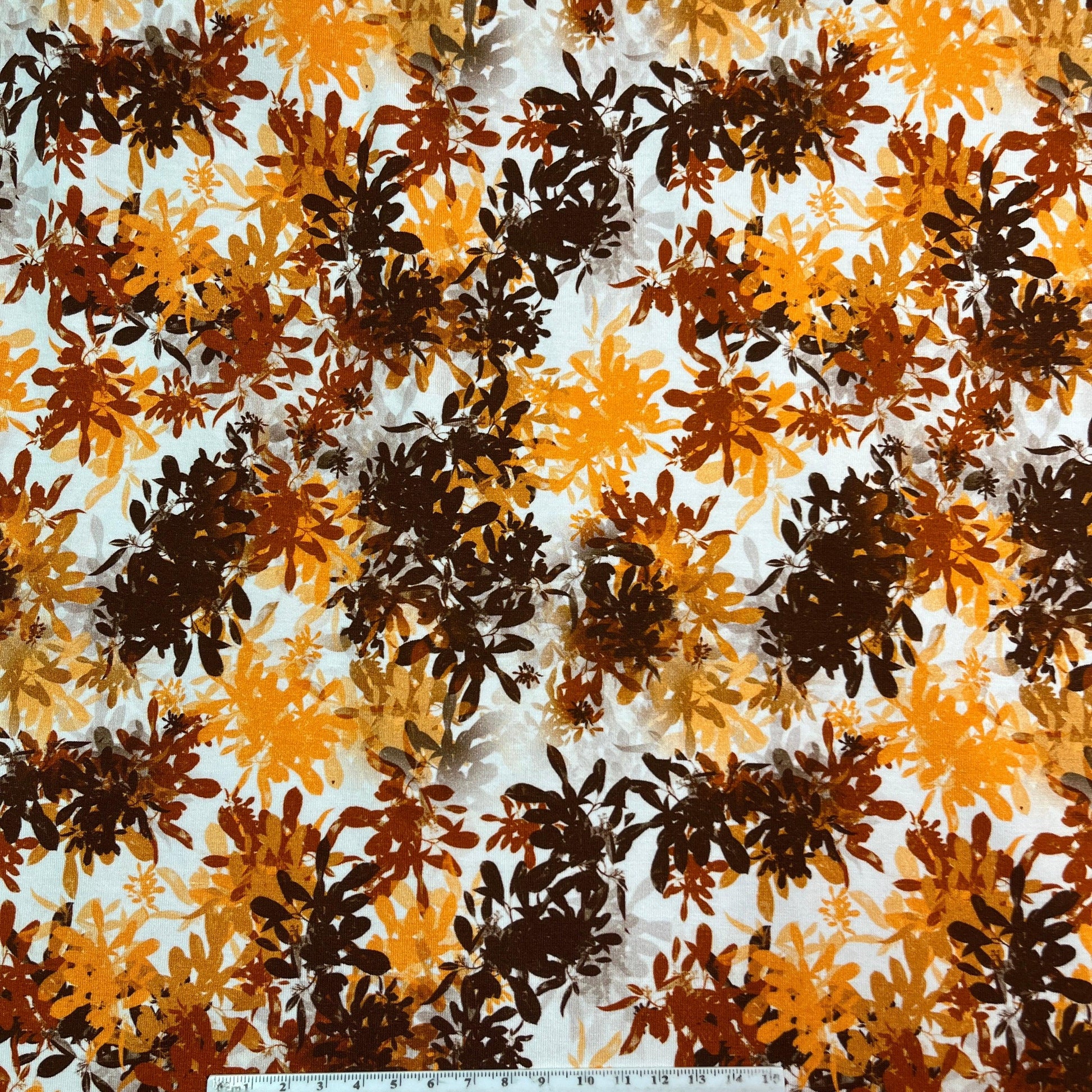 Brown and Orange Leaves on Bamboo/Spandex Jersey Fabric - Nature's Fabrics