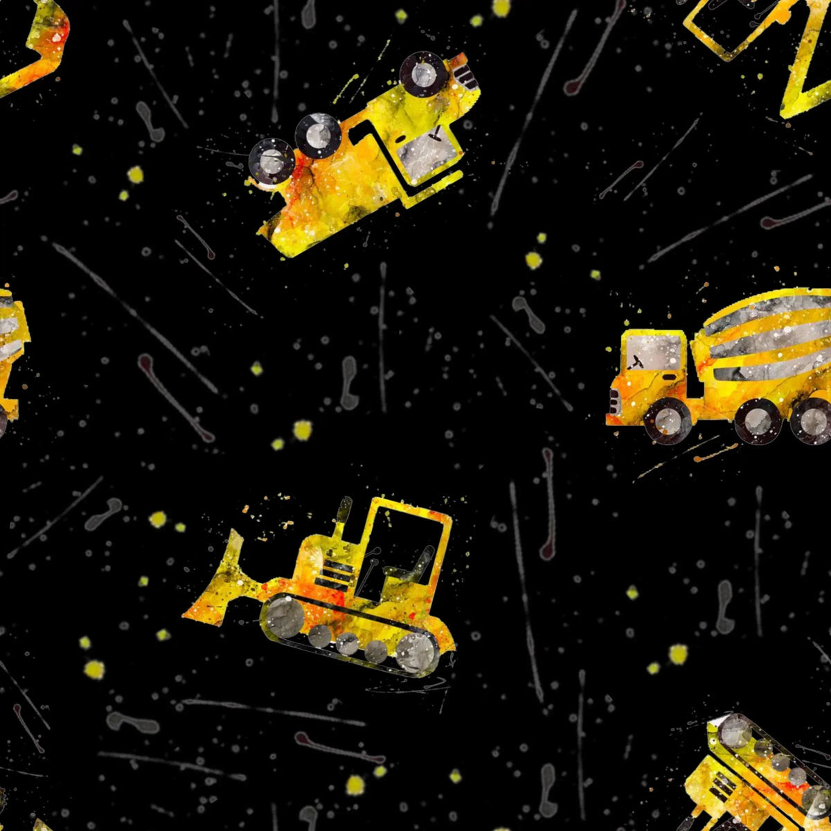 Nature's Fabrics yellow construction vehicle watercolor pattern on black background