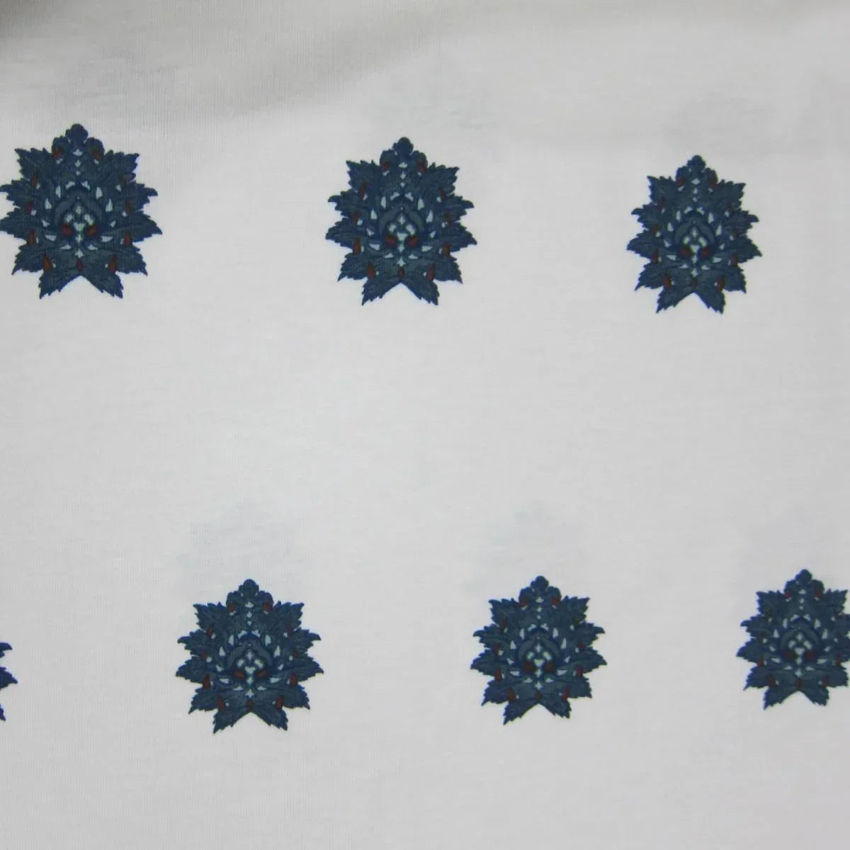 Nature's Fabrics white organic cotton material with blue floral patterns