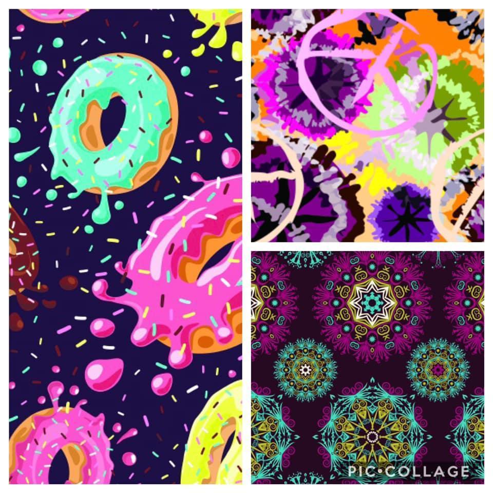 Colorful abstract patterns and donut prints from Nature's Fabrics.