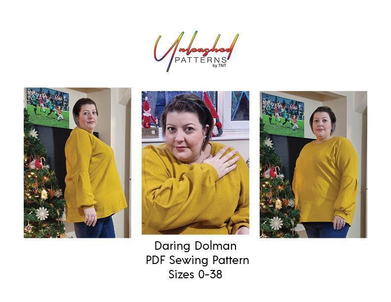 Woman wearing a yellow Daring Dolman PDF Sewing Pattern by Unleashed Patterns.