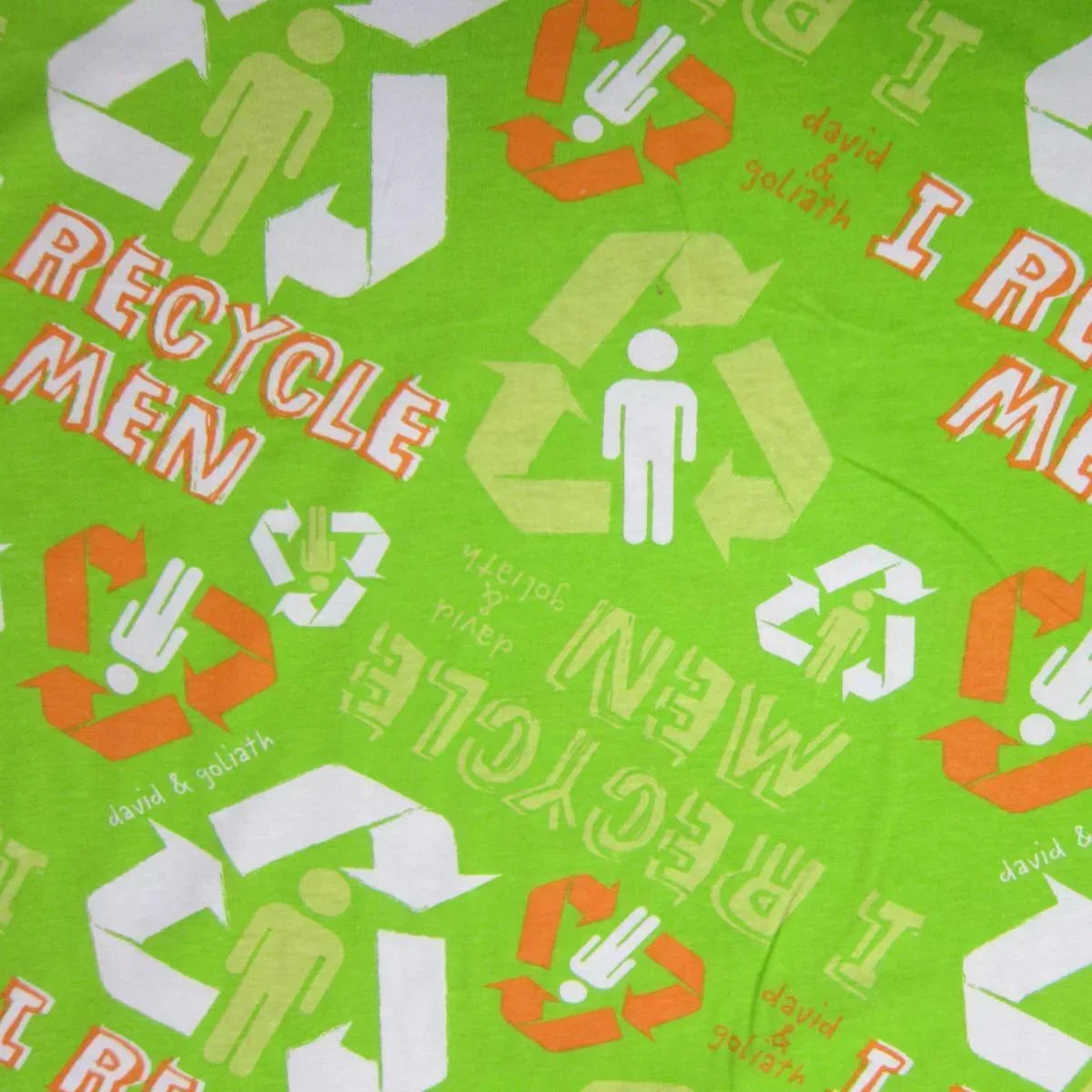 Green Nature's Fabrics textile with orange and white 'Recycle Men' print and stick figure icons