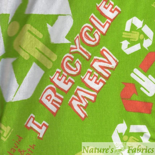 Green Nature's Fabrics textile with red and white 'I RECYCLE MEN' text and recycling symbols.