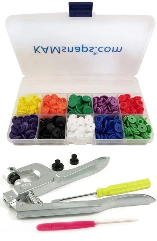 Nature's Fabrics snap fastener tool kit with colorful buttons and pliers