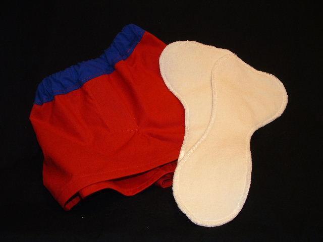 Nature's Fabrics red and blue reusable cloth diaper with white absorbent inserts