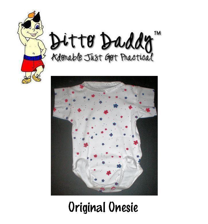 Ditto Daddy original white baby onesie with red and blue floral pattern
