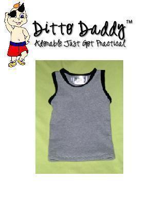 Ditto Daddy grey sleeveless baby top with black trim on a lime green background