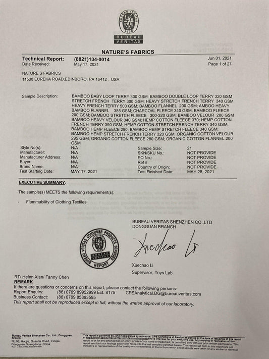 Flammability Certificate 2021 CPSC - Nature's Fabrics