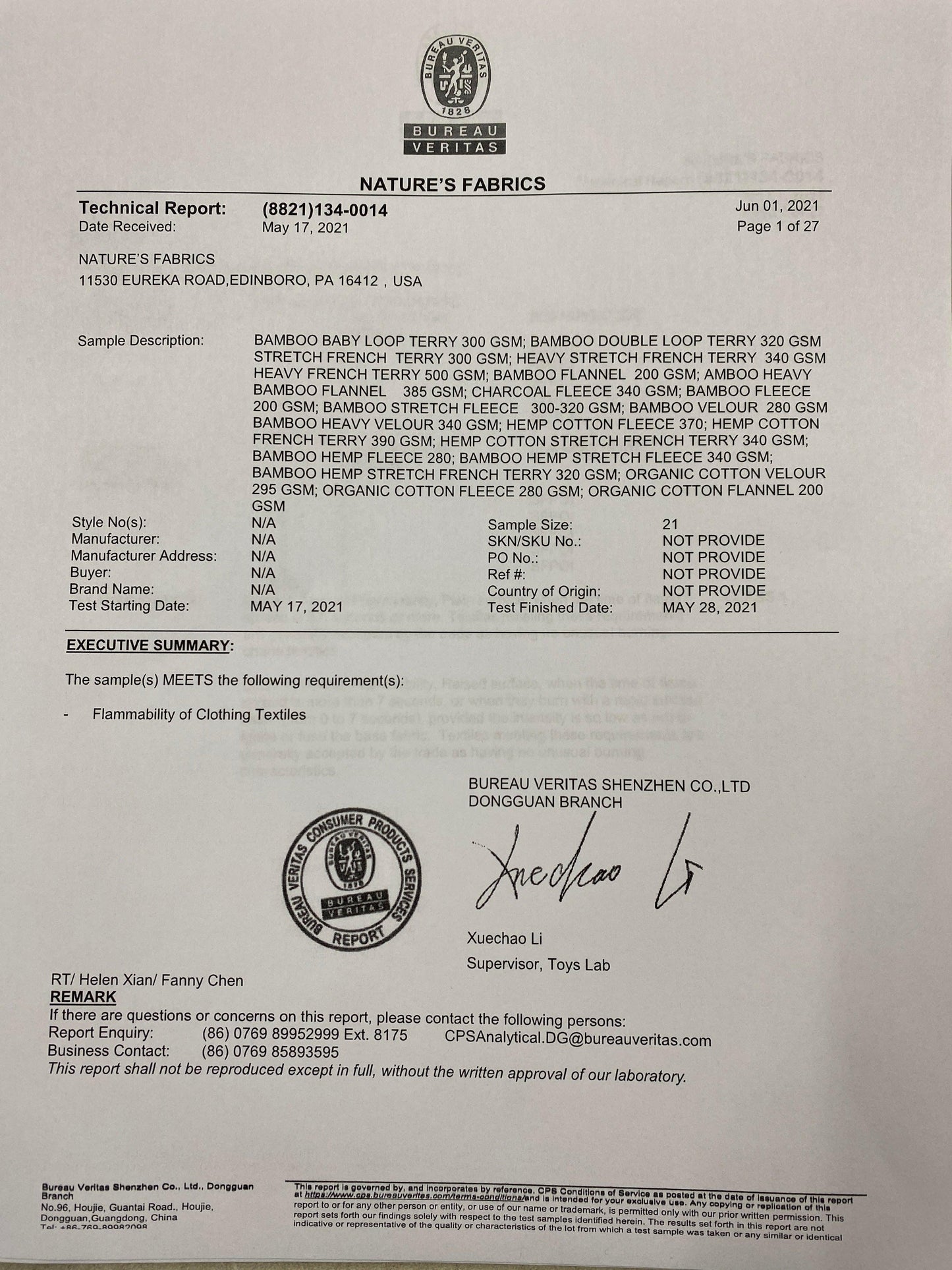 Flammability Certificate 2021 CPSC - Nature's Fabrics