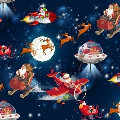 Nature's Fabrics space-themed Christmas print featuring Santa in rockets and UFOs.