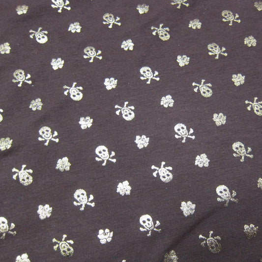Gold Skulls on Brown Cotton/Spandex Jersey Fabric - Nature's Fabrics