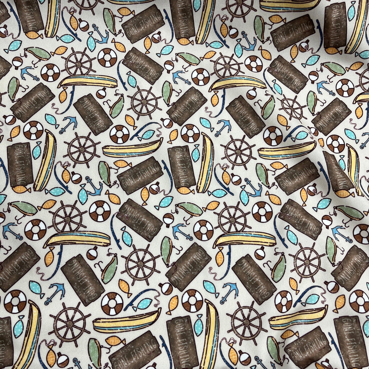 Gone Fishing on Tan 1 mil PUL Fabric - Made in the USA - Nature's Fabrics