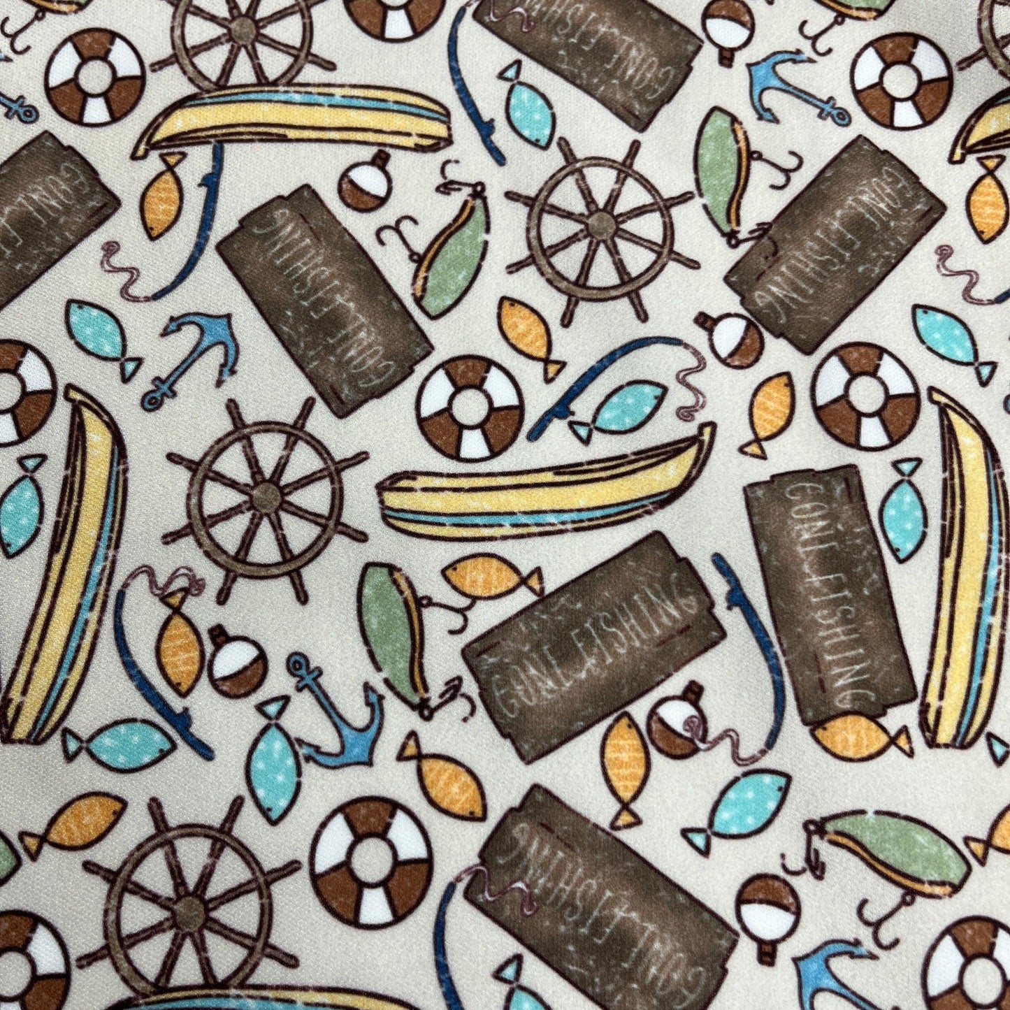 Gone Fishing on Tan 1 mil PUL Fabric - Made in the USA - Nature's Fabrics
