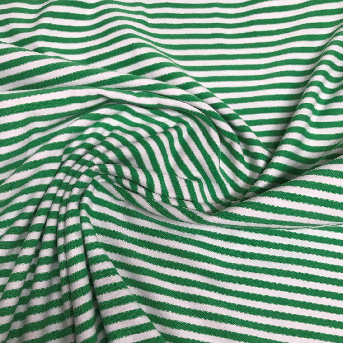 Green and White 1/8" Stripes on Cotton/Spandex Jersey Fabric - Nature's Fabrics
