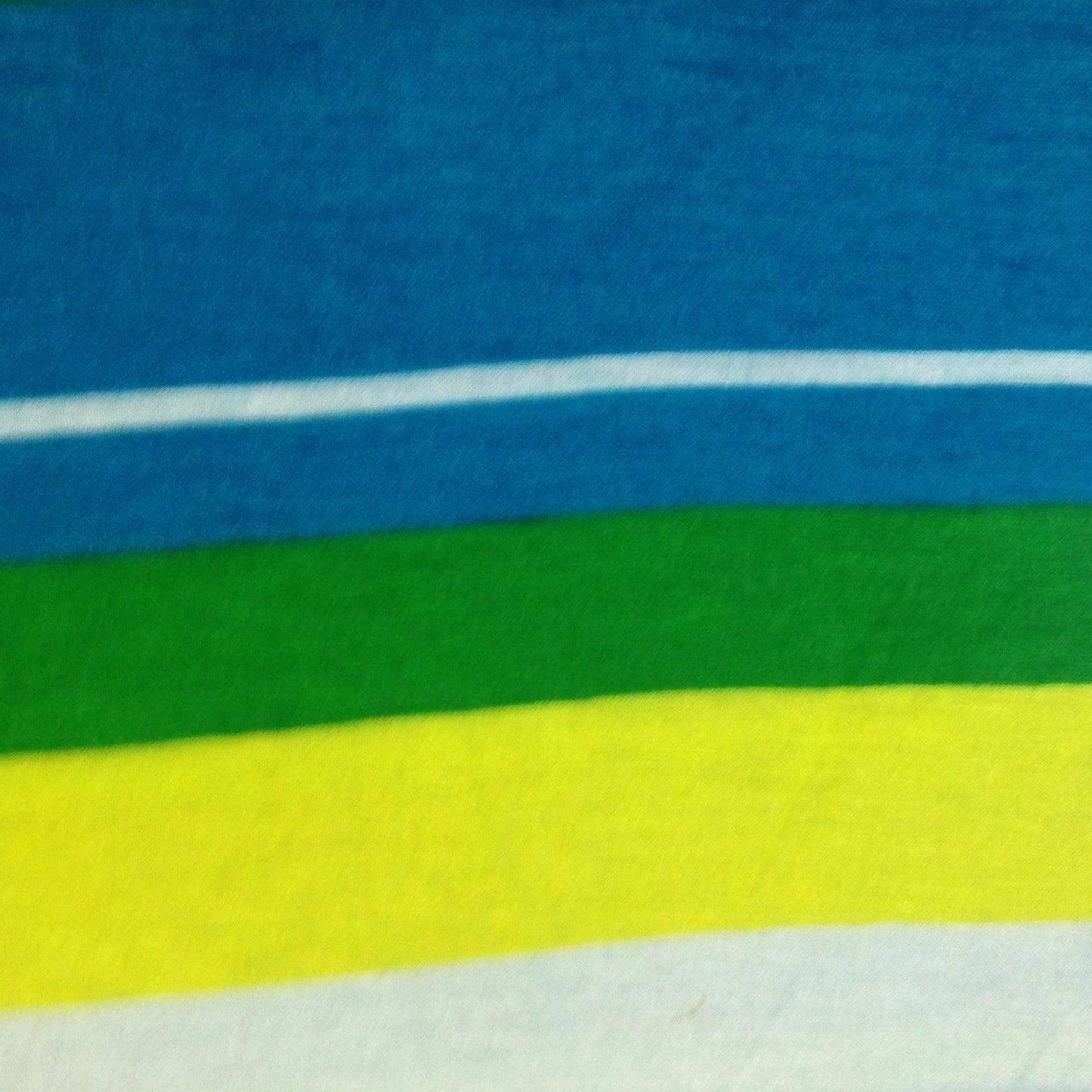 Green, Blue, Yellow and White Stripes on Cotton/Poly Jersey Fabric - Nature's Fabrics