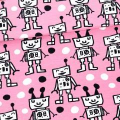 Happy Robots on Pink Organic Cotton/Spandex Jersey Fabric - Nature's Fabrics