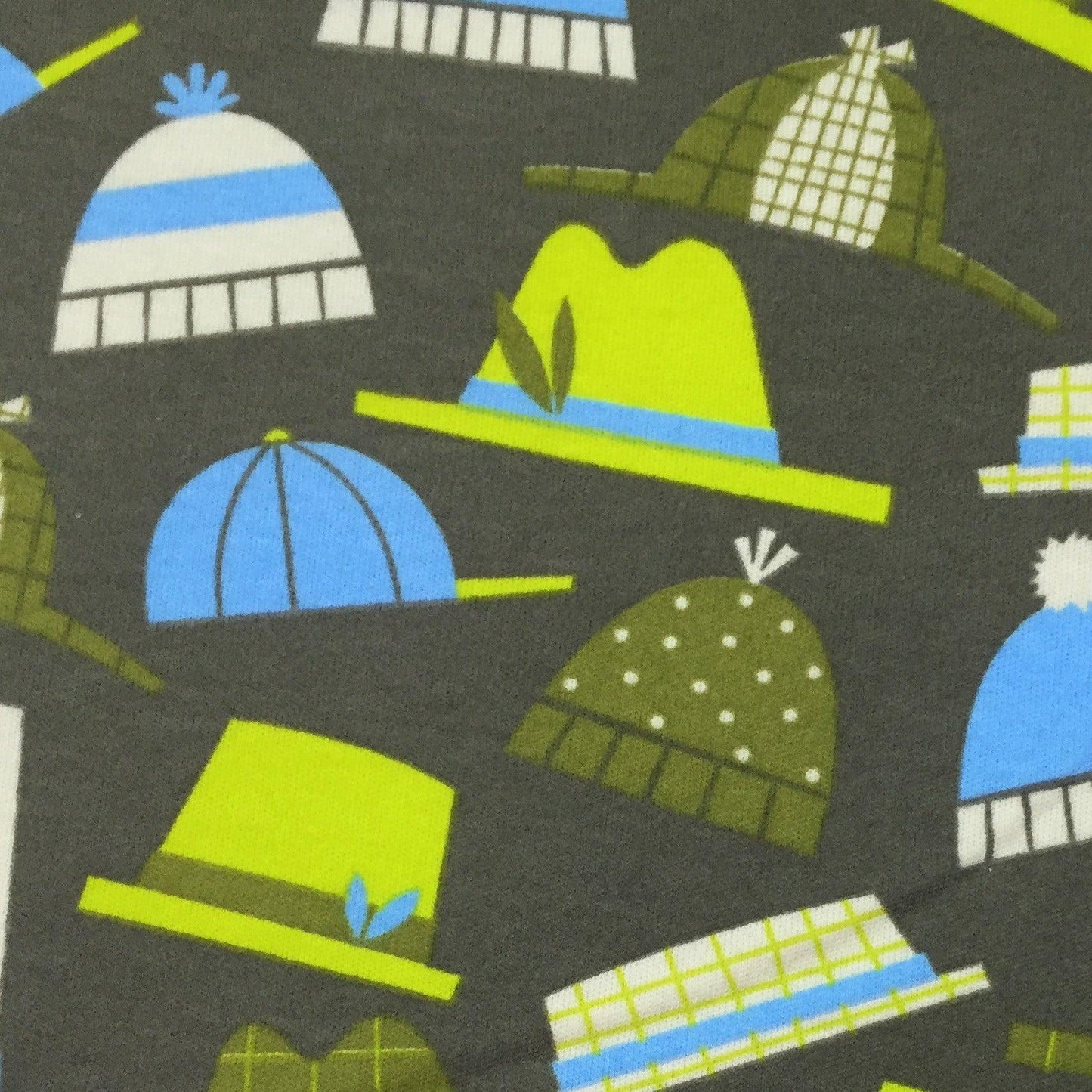 Hats on Gray Cotton Interlock Fabric - Nature's Fabrics